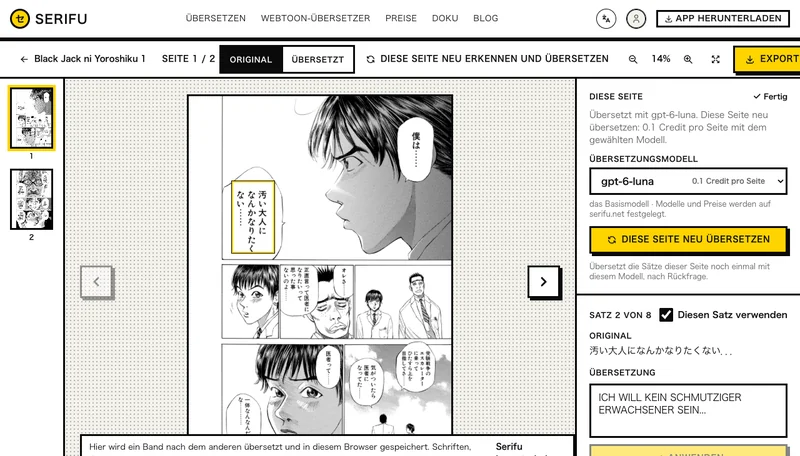 Eine Seite in der Ansicht Original, daneben das Japanische und das Deutsche jedes Satzes