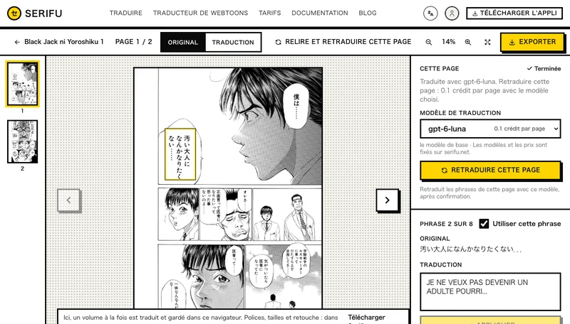Une page dans la vue Original, avec le japonais et le français de chaque phrase listés à côté