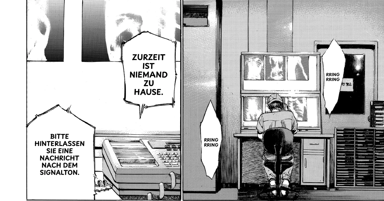 Dieselben Panels, von Serifu übersetzt: die Nachricht auf Deutsch in ihre Sprechblasen gelettert, und beide Klingeltöne lauten jetzt RRING RRING