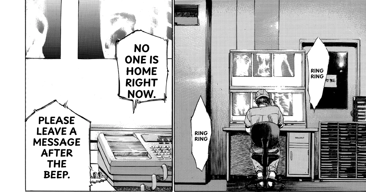 The same panels translated by Serifu: the message lettered in English in its bubbles, and both rings now read RING RING