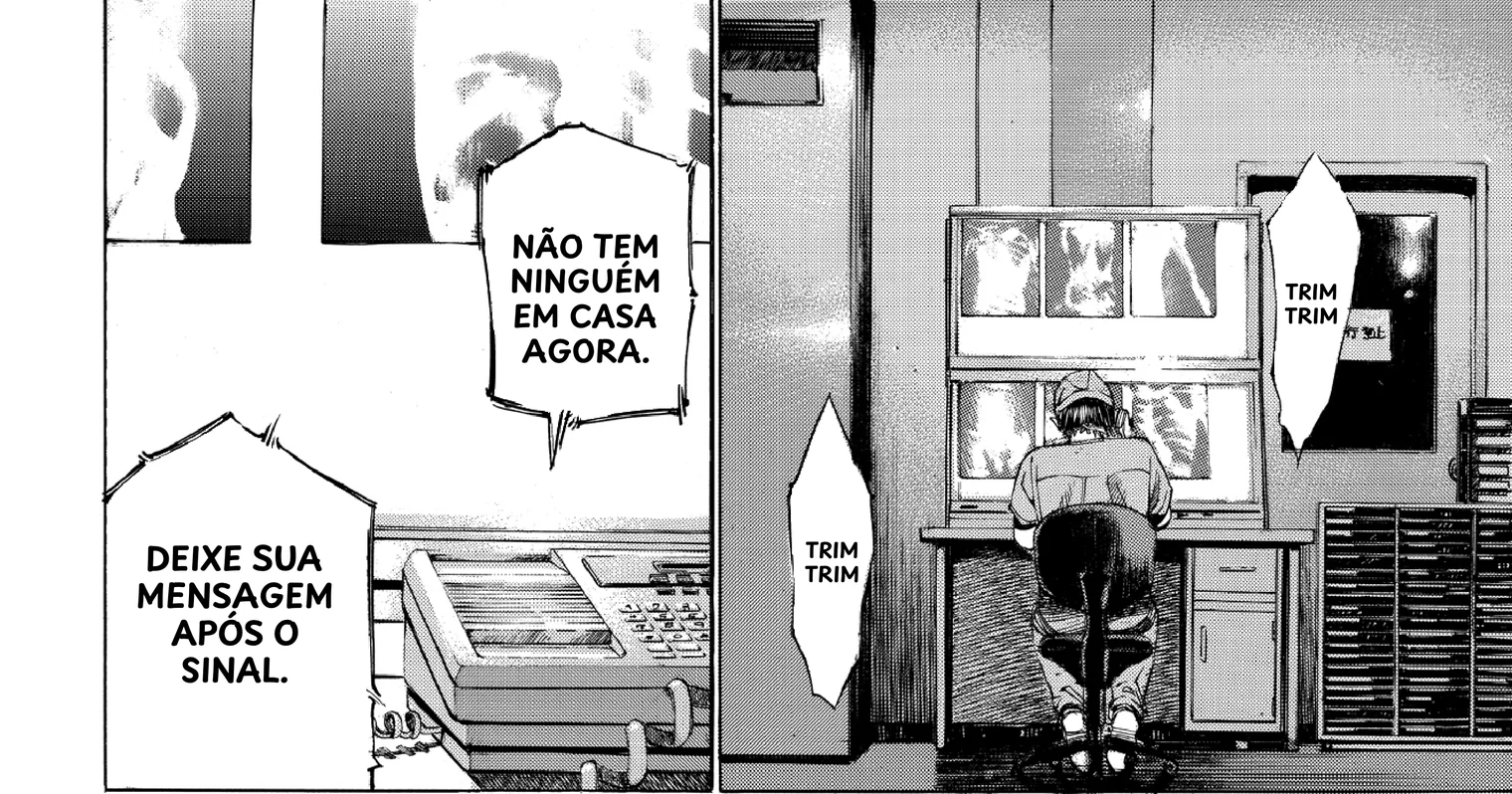 Os mesmos quadros traduzidos pelo Serifu: o recado letreirado em português nos balões, e os dois toques agora dizem TRIM TRIM