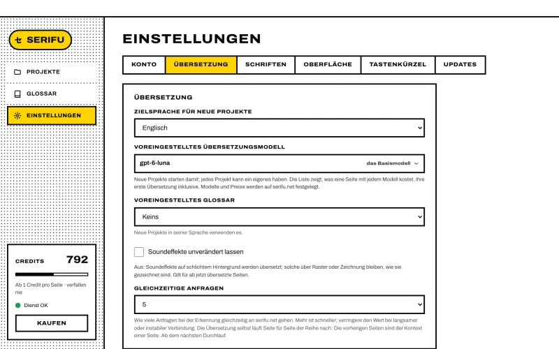 Die Einstellungen der Serifu-App, Reiter Übersetzung, mit der Option Soundeffekte unverändert lassen