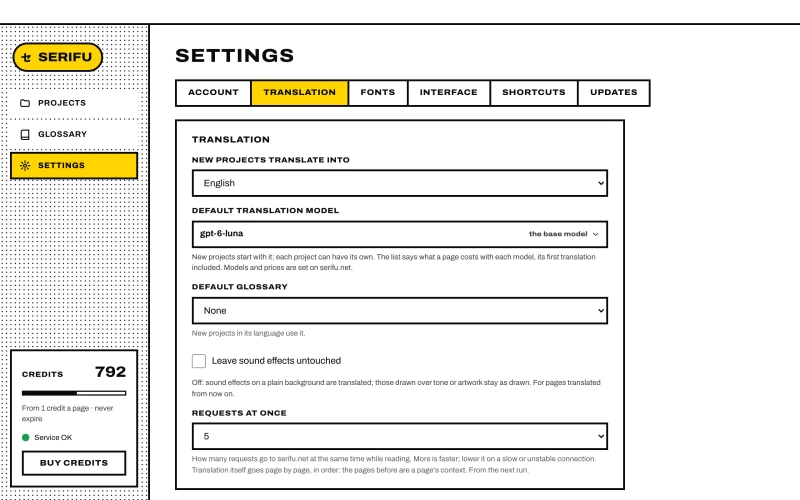 The Serifu app's Settings, Translation tab, with the Leave sound effects untouched option