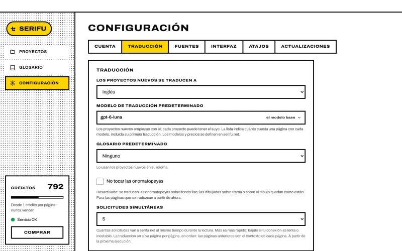 La Configuración de la app de Serifu, pestaña Traducción, con la opción No tocar las onomatopeyas