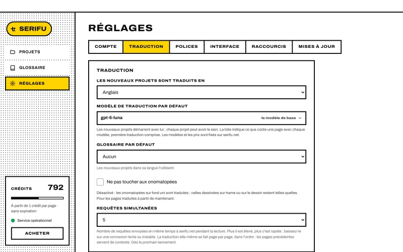Les Réglages de l'appli Serifu, onglet Traduction, avec l'option Ne pas toucher aux onomatopées