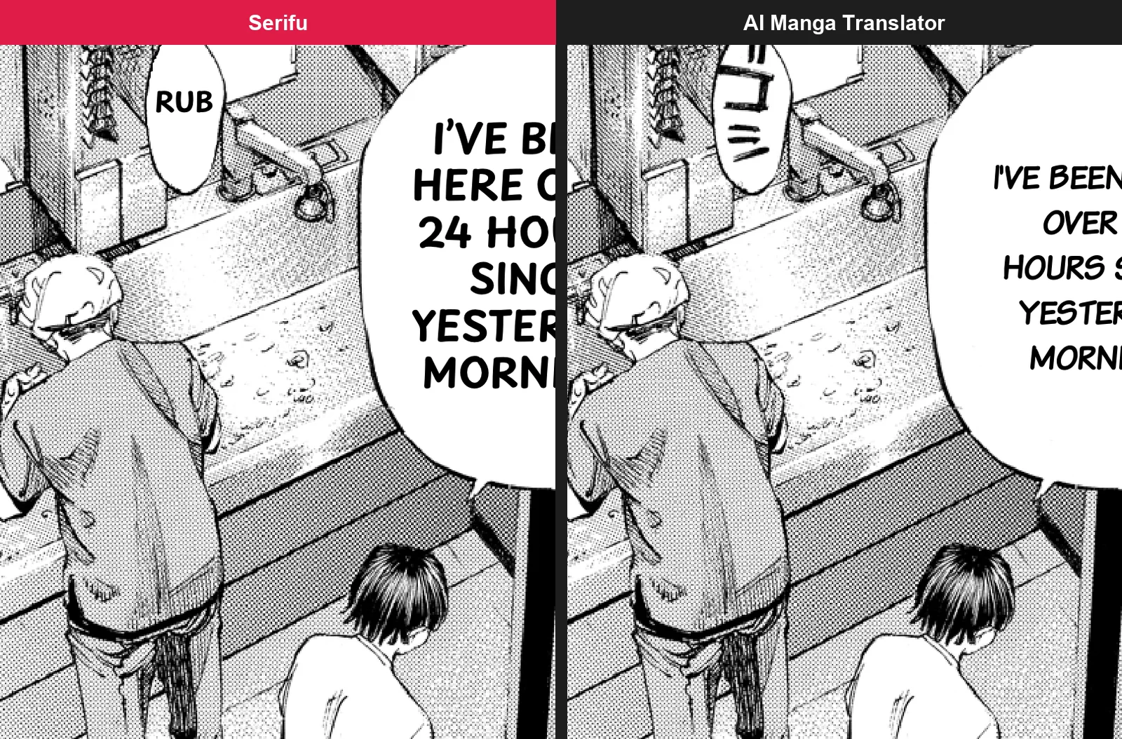 A sound in a small oval: "RUB" on Serifu, left in Japanese on AI Manga Translator