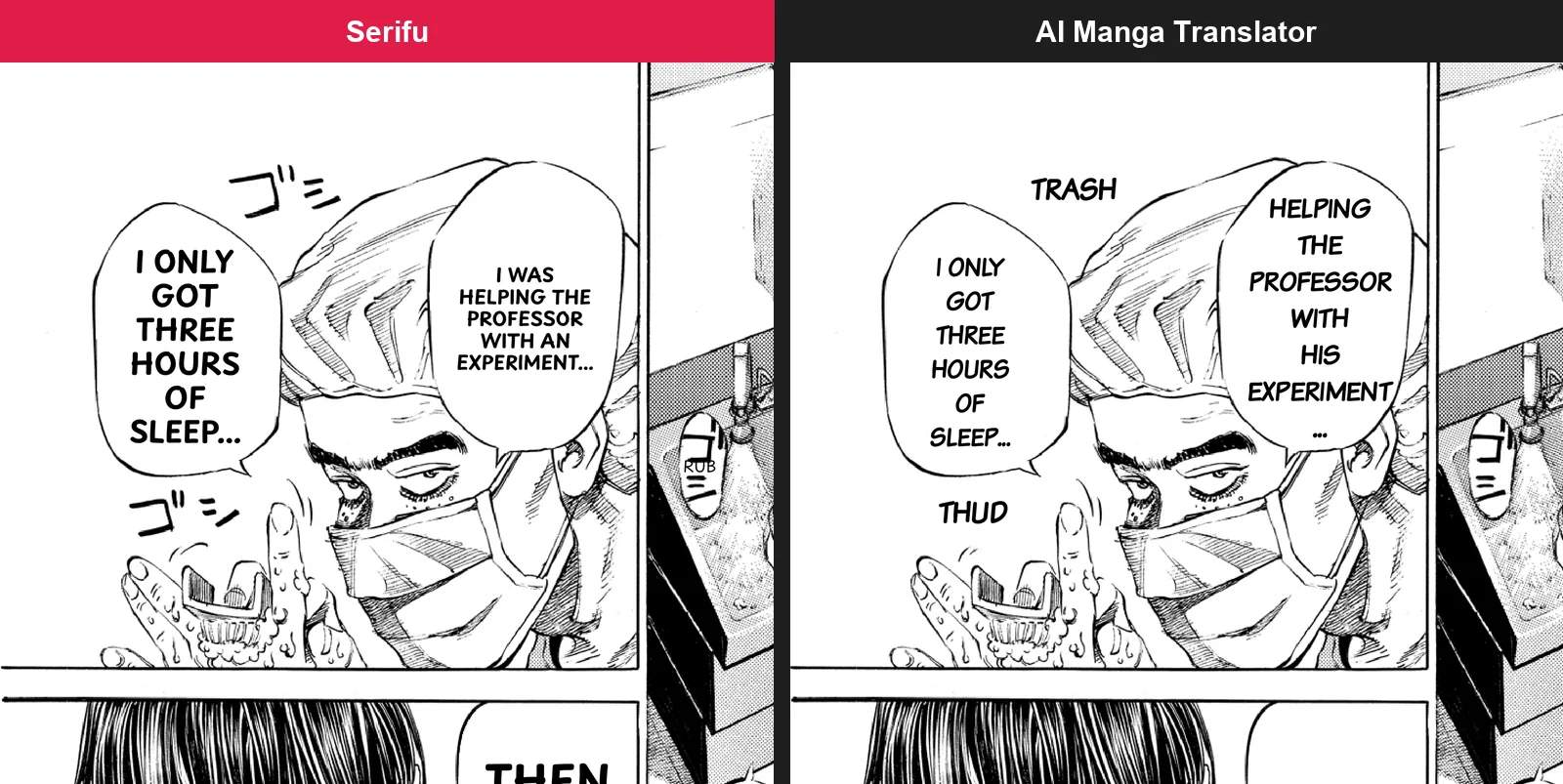 The top of manga page 6: Serifu's bubbles filled with bold lettering, AI Manga Translator's with smaller text