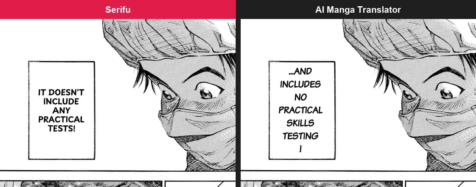 A caption on manga page 8: AI Manga Translator leaves the exclamation mark alone on the last line