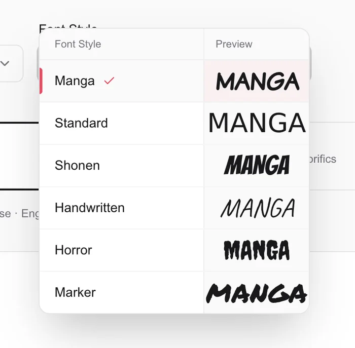 AI Manga Translator's Font Style list: Manga, Shonen, Handwritten, Horror, Marker and others