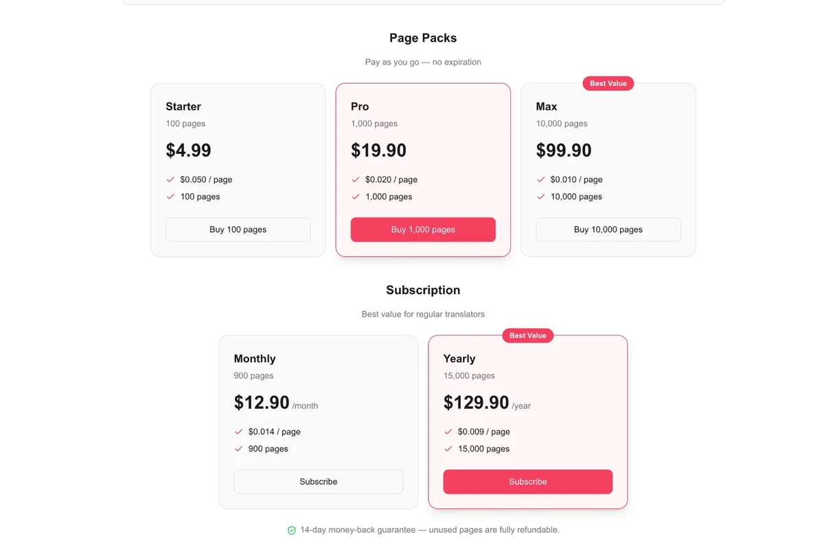 AI Manga Translator's pricing page on 6 October 2026