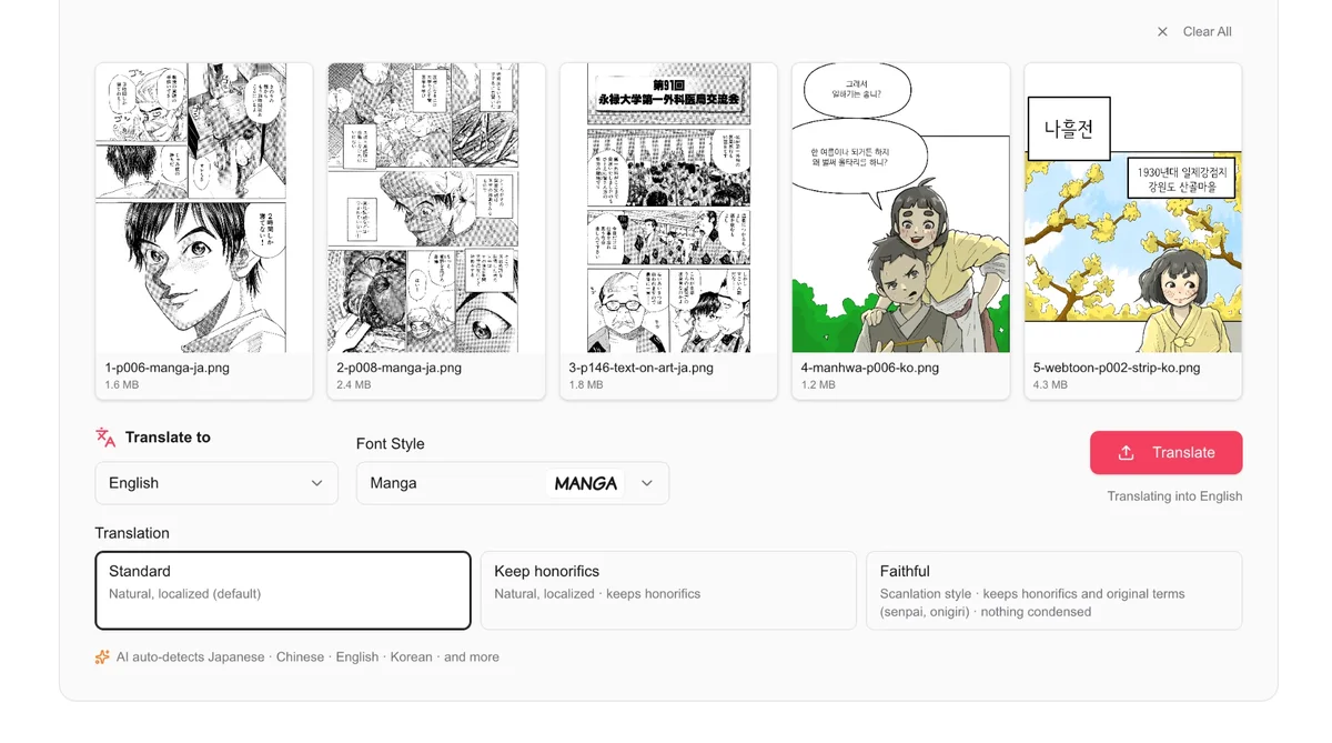 AI Manga Translator's upload screen with the five test pages, English selected, the Manga font style and the default translation style