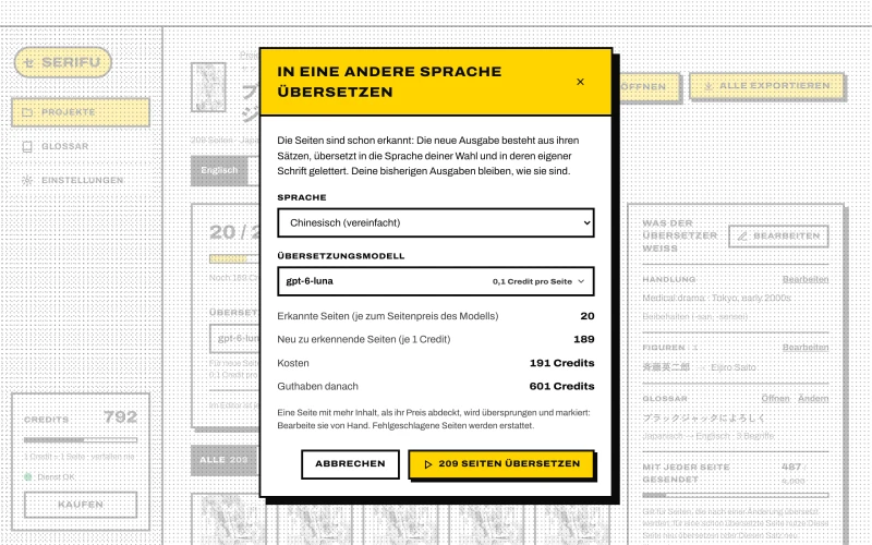 In eine andere Sprache übersetzen: Sprache, Modell, erkannte und neu zu erkennende Seiten, Kosten