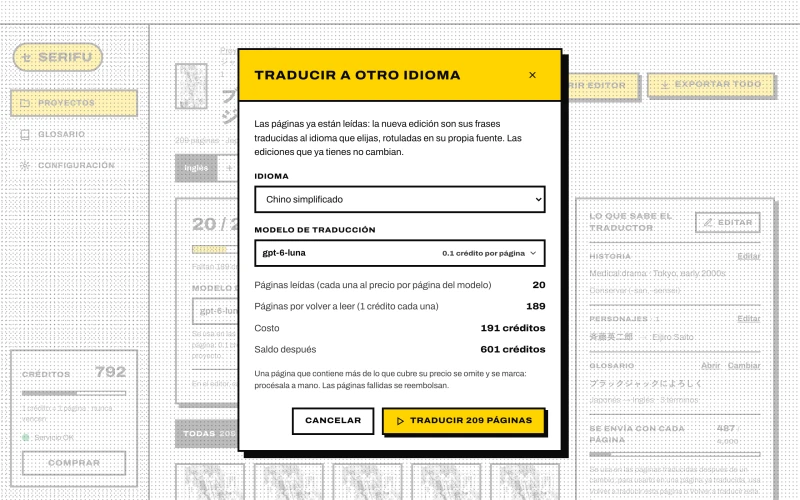 Traducir a otro idioma: idioma, modelo, páginas leídas y páginas por volver a leer, costo