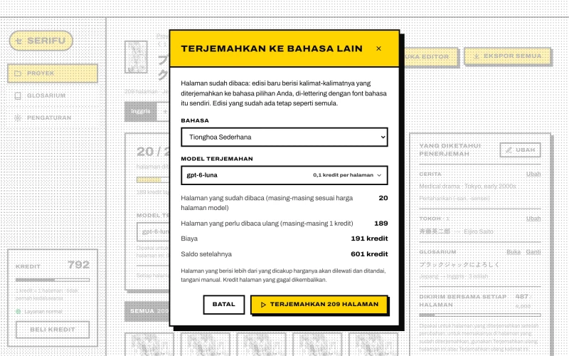 Terjemahkan ke bahasa lain: bahasa, model, halaman yang sudah dibaca dan yang perlu dibaca ulang, biaya