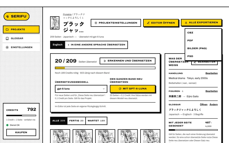 Alle exportieren auf der Projektseite: CBZ, PDF, Bilder (PNG), PSD
