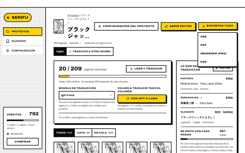 Exportar todo en la página del proyecto: CBZ, PDF, Imágenes (PNG), PSD