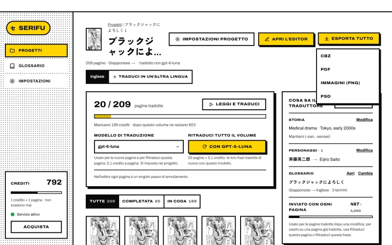 Esporta tutto nella pagina del progetto: CBZ, PDF, Immagini (PNG), PSD