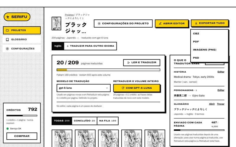 Exportar tudo na página do projeto: CBZ, PDF, Imagens (PNG), PSD