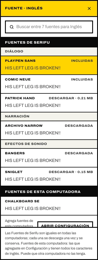 El selector de fuentes: las fuentes de Serifu para inglés por función y luego las fuentes agregadas desde esta computadora