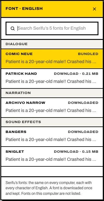 The font picker: Serifu’s fonts for English by role, bundled or downloaded once