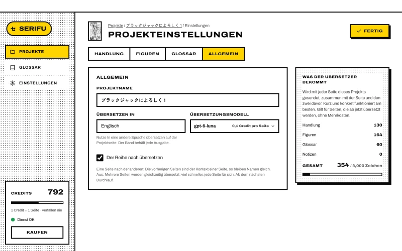Projekteinstellungen › Allgemein: Name, Übersetzen in, Übersetzungsmodell und Der Reihe nach übersetzen