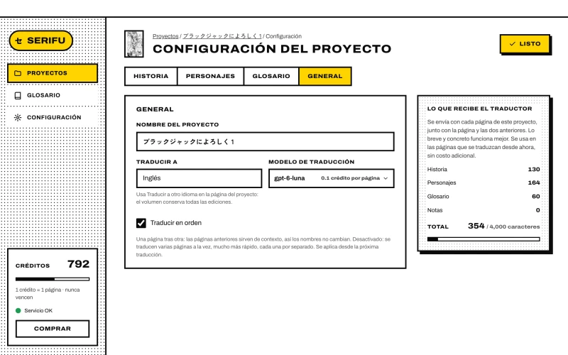 Configuración del proyecto › General: nombre, Traducir a, modelo de traducción y Traducir en orden