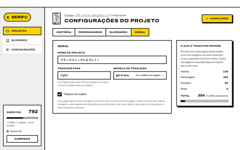Configurações do projeto › Geral: nome, Traduzir para, modelo de tradução e Traduzir em ordem
