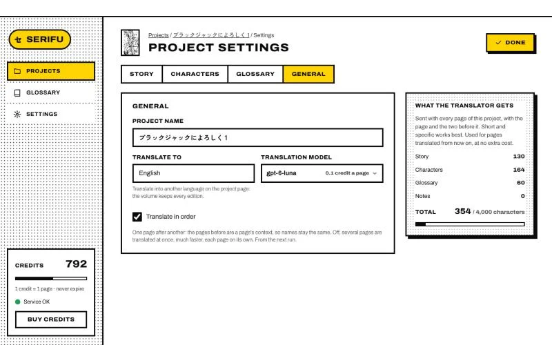 Project settings › General: name, Translate to, translation model and Translate in order