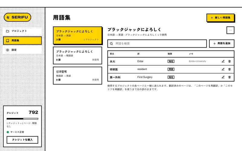 用語集：左に用語集の一覧、右に選んだ用語集の用語