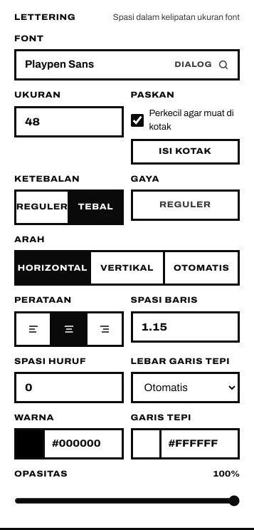 Lettering sebuah kalimat di editor Serifu: font, ukuran, spasi, arah, warna, dan garis tepi