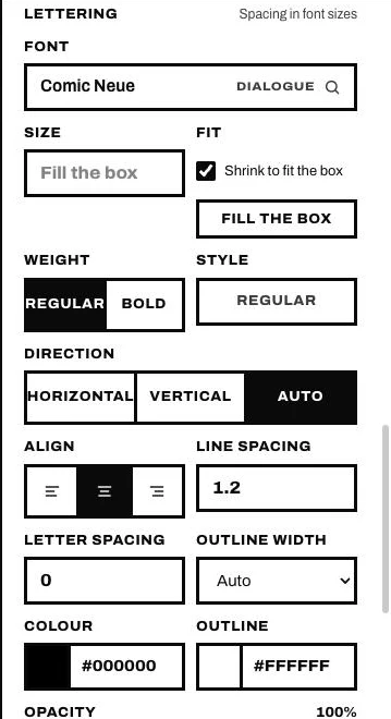 The Lettering panel: font, size, fit, weight, style, direction, align, spacing, colour, outline, opacity