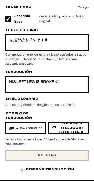 Una frase seleccionada: Usar esta frase, Texto original, Traducción, Volver a traducir esta frase, Aplicar, Borrar traducción