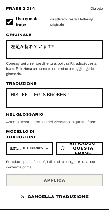Una frase selezionata: Usa questa frase, Originale, Traduzione, Ritraduci questa frase, Applica, Cancella traduzione
