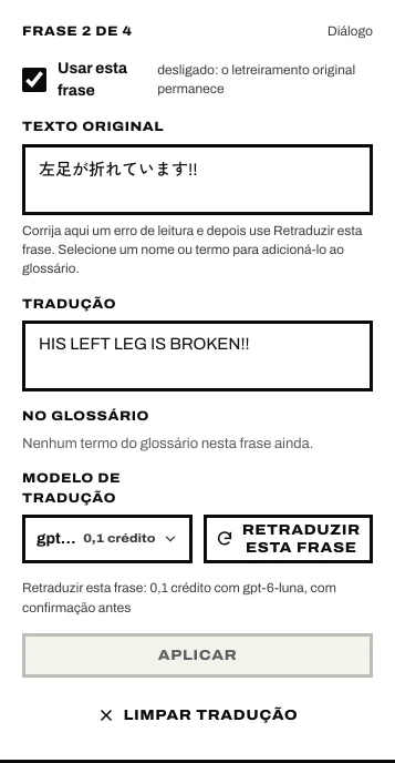 Uma frase selecionada: Usar esta frase, Texto original, Tradução, Retraduzir esta frase, Aplicar, Limpar tradução