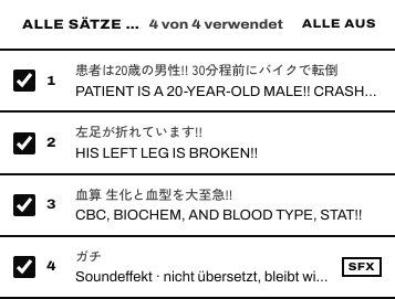 Alle Sätze dieser Seite, jeder mit seinem Kästchen Diesen Satz verwenden