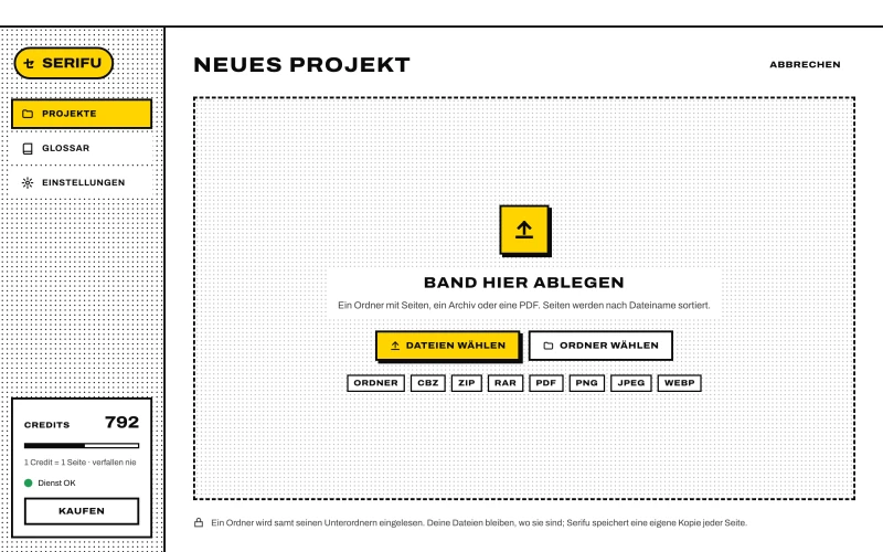 Der Bildschirm Neues Projekt