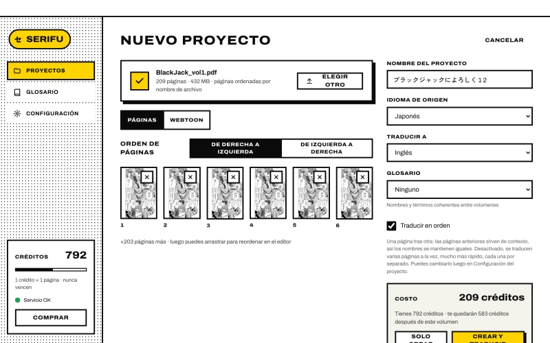 Un volumen elegido: orden de páginas, idiomas, glosario, Traducir en orden y el costo