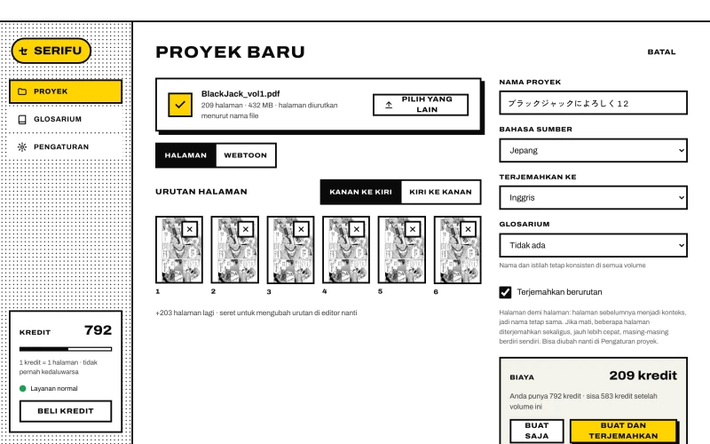Volume sudah dipilih: urutan halaman, bahasa, glosarium, Terjemahkan berurutan, dan biaya