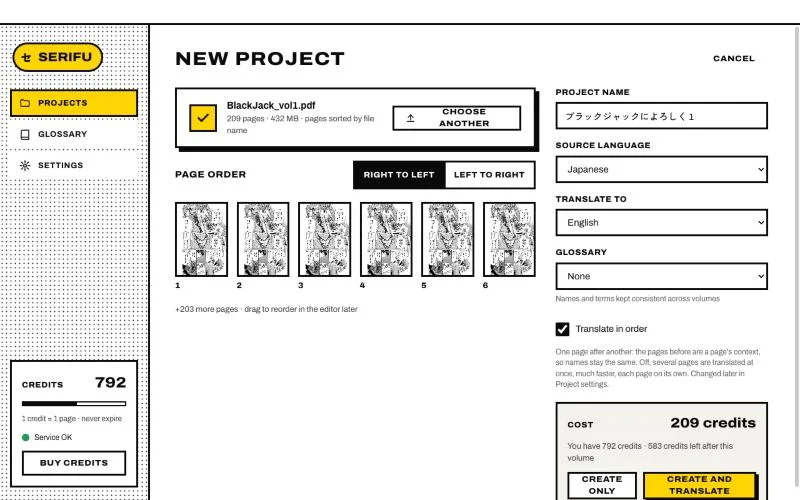 A volume chosen: page order, languages, glossary, Translate in order and the cost