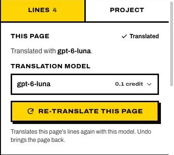 The page card: which model translated the page, and Re-translate this page