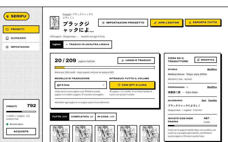 La pagina del progetto: avanzamento, modello di traduzione, cosa sa il traduttore e le pagine