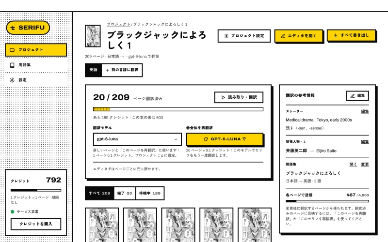 プロジェクトページ：進み具合、翻訳モデル、翻訳の参考情報、ページ