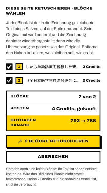 Diese Seite retuschieren · Blöcke wählen: jeder Block angehakt mit seinem Preis, die Summe und das Guthaben danach