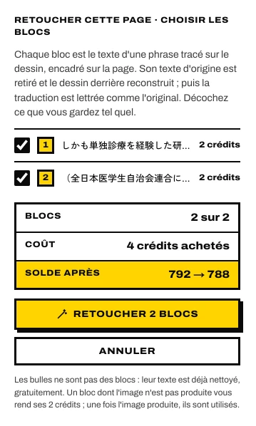 Retoucher cette page · choisir les blocs : chaque bloc coché avec son prix, le total et le solde après coup