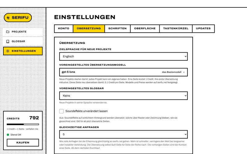 Einstellungen, der Tab Übersetzung