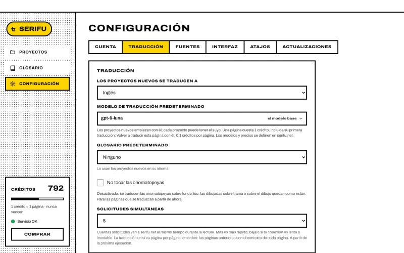 Configuración, la pestaña Traducción