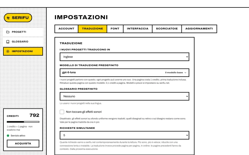 Impostazioni, la scheda Traduzione
