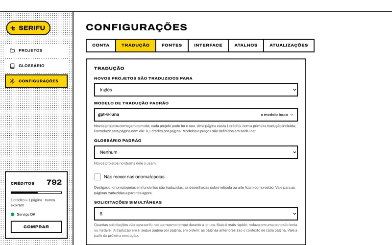 Configurações, a aba Tradução