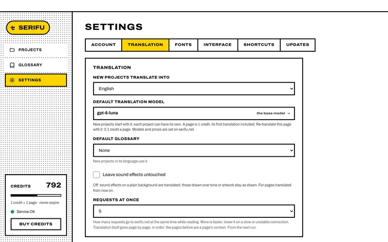 Settings, the Translation tab