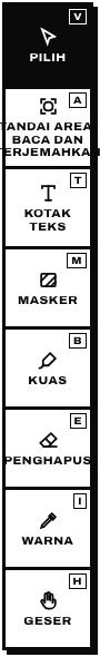 Alat: Pilih, Tandai area, baca dan terjemahkan, Kotak teks, Masker, Kuas, Penghapus, Warna, Geser